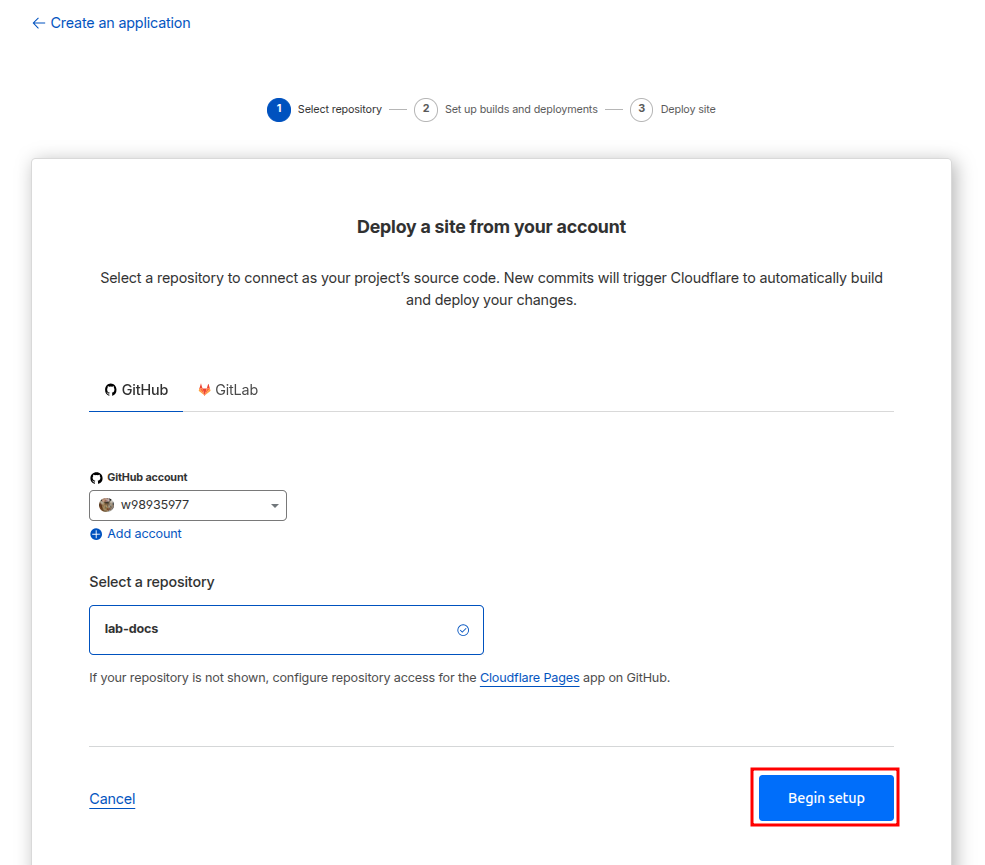 Deploy a site from your account - Begin setup