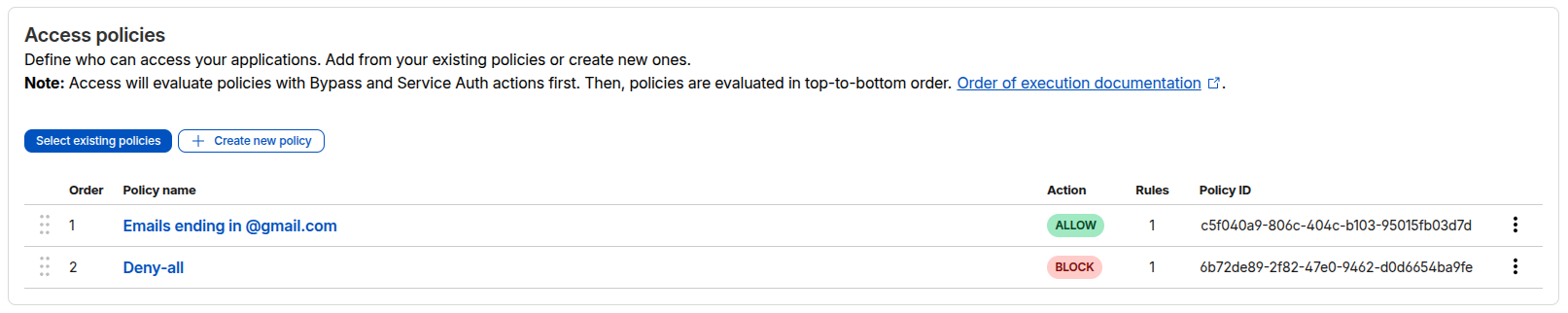Policies list - Allow then deny-all