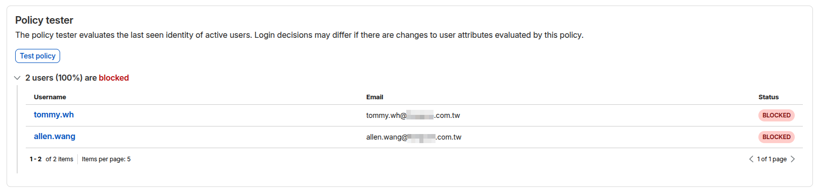 Policy tester - users blocked